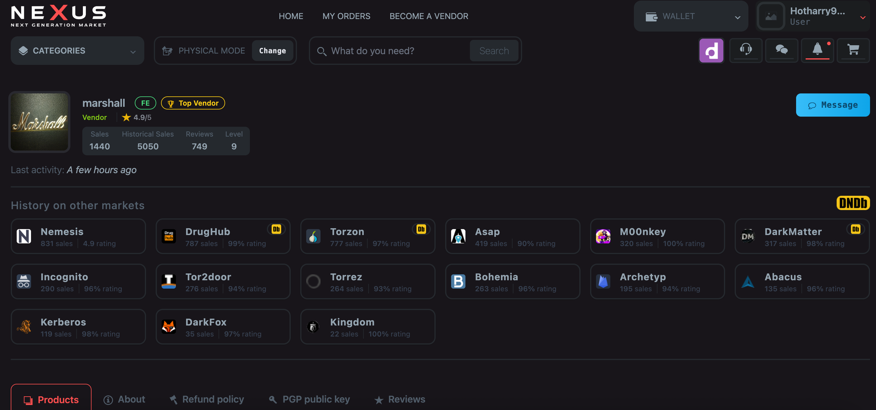 Nexus Market vendor dashboard showing onion link and PGP settings